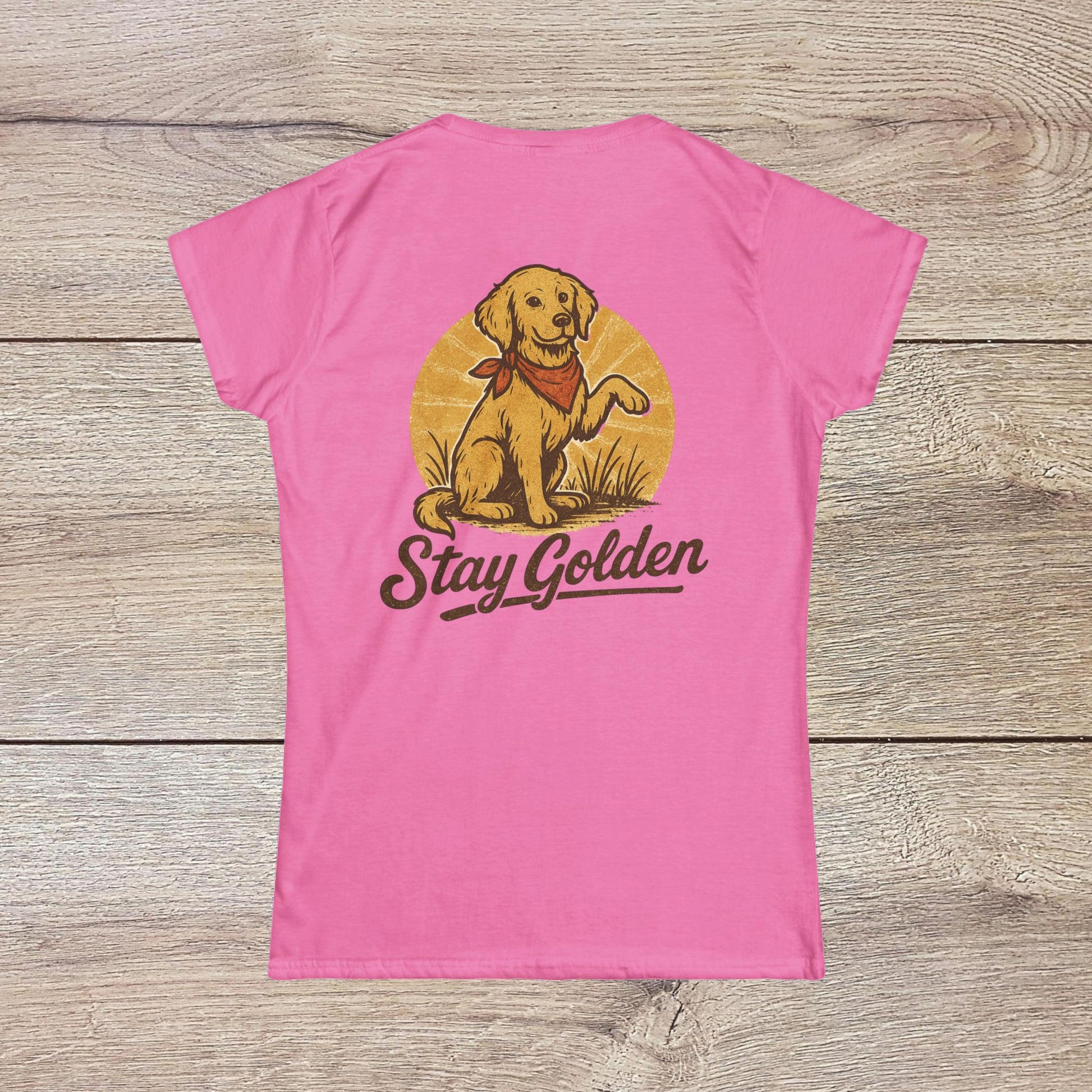 Stay Golden Dog Tee featuring a playful illustration of a dog with a bandana, highlighting the soft cotton blend fabric and slim fit design.