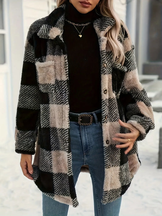 Woman wearing an Oversized Button Down Plaid Teddy Coat with Pockets in a cozy outdoor setting, featuring thick 100% polyester material for comfort.