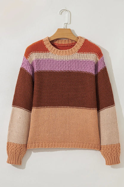 Stylish Colorblock Striped Sweater with Round Neck - A flat lay of the multicolor striped sweater, featuring soft, knitted texture and round neck design.