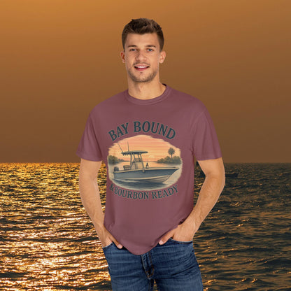 Model wearing the Boating T-Shirt For Summer, featuring 'BAY BOUND & Bourbon Ready' graphic, perfect for outdoor adventures at the beach.