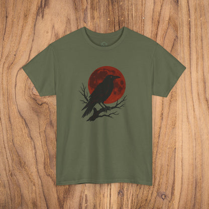Gothic Raven T-Shirt in olive green, featuring a silhouette of a raven against a red moon, perfect for Halloween and casual fall fashion.