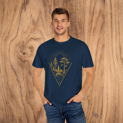 Happy young man wearing the Nature Outdoor Vibes Tee in navy, displaying a stylish forest design, made from soft 100% US cotton for lasting comfort, sizes S-4XL.