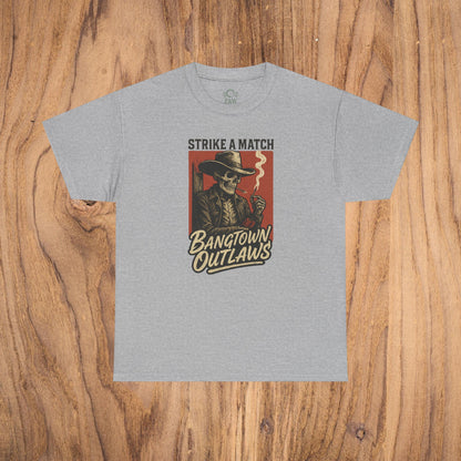 Bangtown Outlaws Retro Casual Party Shirt in gray featuring a classic design with a skeleton character and the slogan 'Strike a Match' ideal for stylish gifting and fun events.