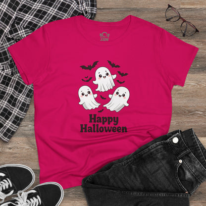 Stylish Cute Halloween Ghost T-Shirt for Kids & Adults displayed with casual outfit, showcasing its fun ghost print and Halloween spirit.