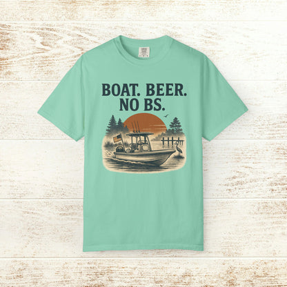 Boat Beer No BS Tee in mint green, showcasing a vibrant graphic of a fishing boat at sunset with the slogan 'BOAT. BEER. NO BS.', ideal for summer outings.