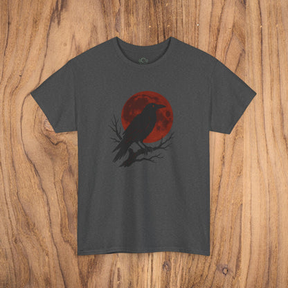 Gothic Raven T-Shirt in charcoal gray, highlighting a dramatic raven silhouette with a red moon backdrop, ideal for casual fall style and unique Halloween gifts.