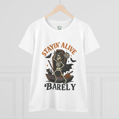 Front view of the Stayin’ Alive T-Shirt featuring a skeleton dressed in a cape for Halloween, embodying a playful spirit.