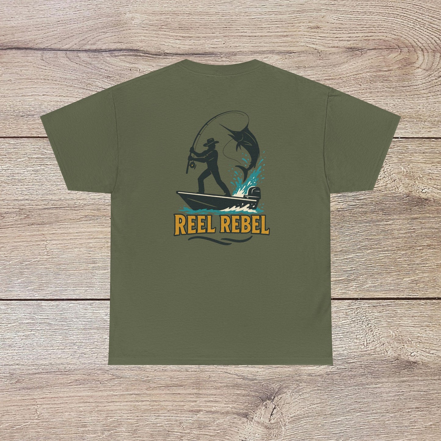 Fishing Adventure Tee in olive green color featuring a 'Reel Rebel' design, perfect for nature lovers. Heavy cotton shirt that captures the thrill of fishing.