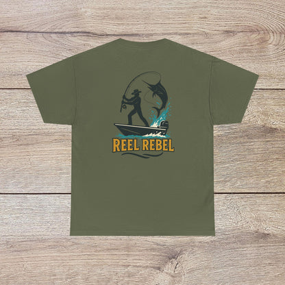 Fishing Adventure Tee in olive green color featuring a 'Reel Rebel' design, perfect for nature lovers. Heavy cotton shirt that captures the thrill of fishing.