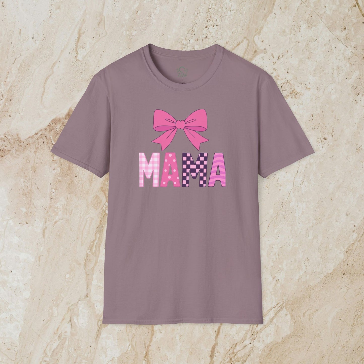 Mama Bow Tee - Seamless 100% Cotton T-Shirt in stylish grey showcasing a cute bow and bold 'MAMA' lettering, ideal for mothers who love comfortable fashion.