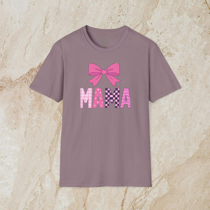 Mama Bow Tee - Seamless 100% Cotton T-Shirt in stylish grey showcasing a cute bow and bold 'MAMA' lettering, ideal for mothers who love comfortable fashion.