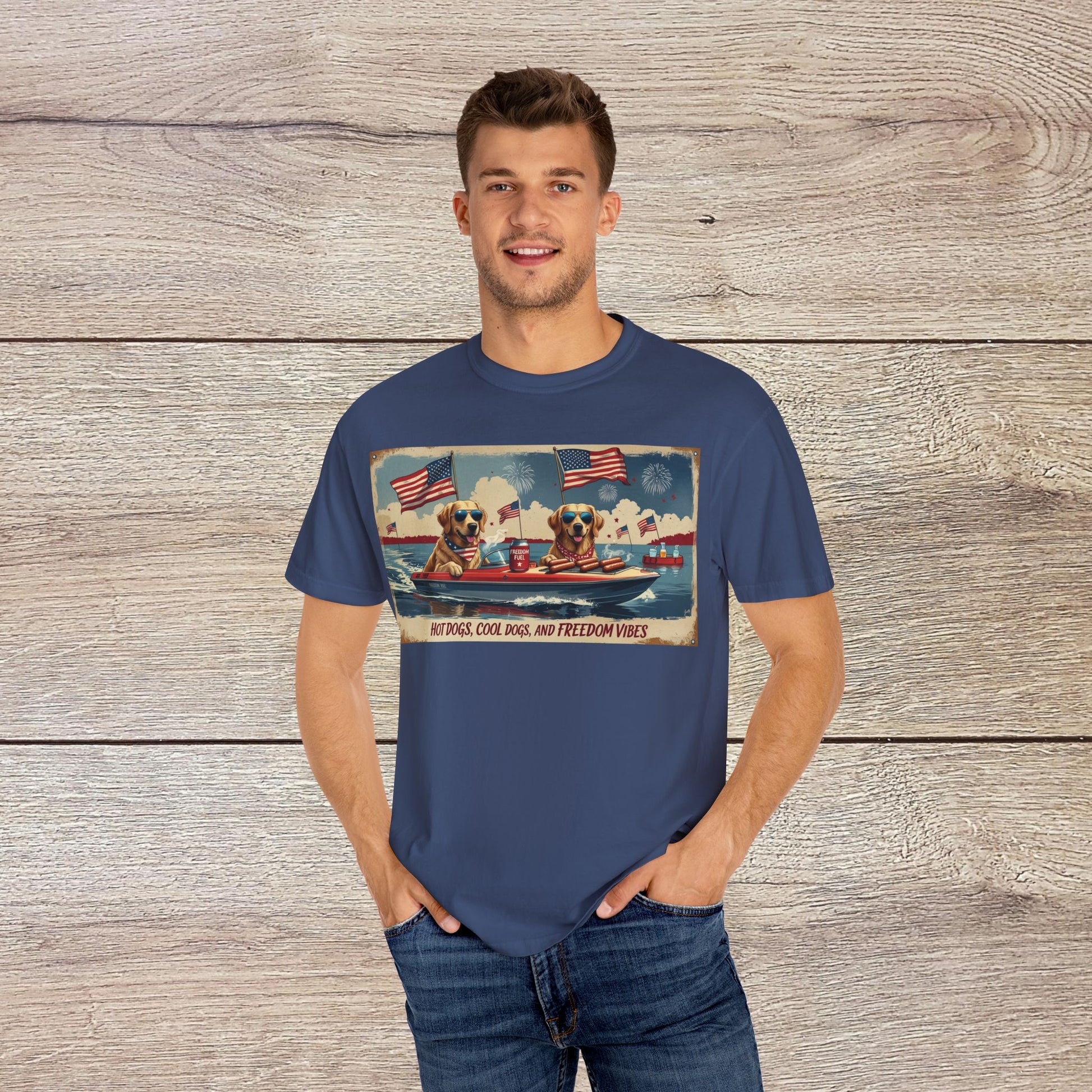 Men's Golden Tee: Comfortable Cotton T-Shirt with Ribbed Collar, featuring a stylish graphic of two dogs in sunglasses on a boat, perfect for casual wear and summer vibes.