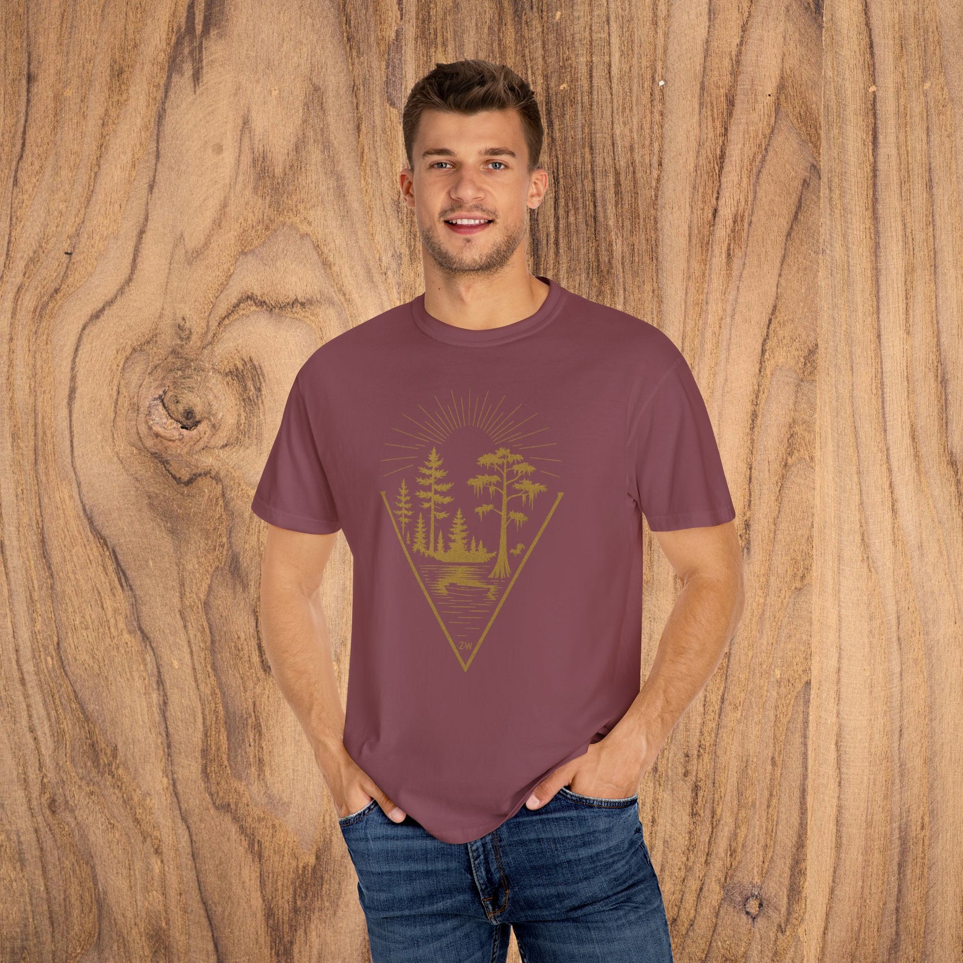 Nature Outdoor Vibes Tee - Soft 100% US Cotton worn by a model, featuring a beautiful forest graphic, available in sizes S to 4XL for perfect fit.