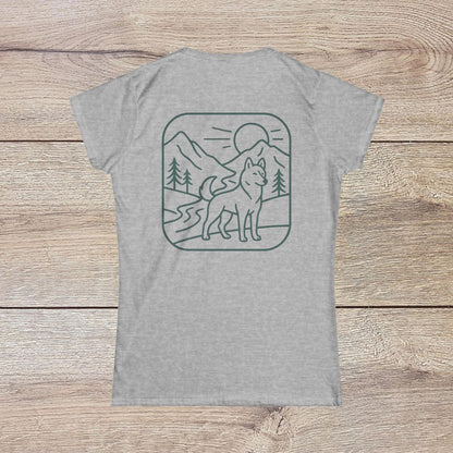 Eco-Friendly Dog T-Shirt - Adventure Spirit showcasing a gray back view with a scenic mountain design and a dog silhouette.