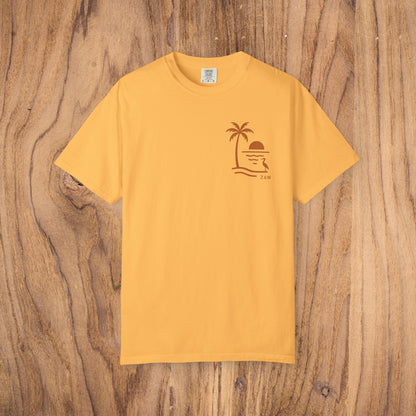 Unisex Sunset Palm Tree T-Shirt in warm yellow - vibrant garment-dyed cotton tee for men and women, ideal for summer festivals.