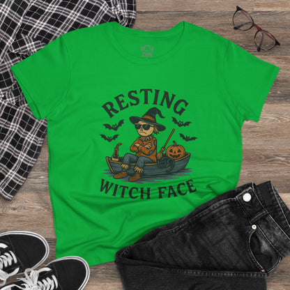 Resting Witch Face Halloween T-Shirt for Women, styled on a flat lay with plaid shirt and sneakers. This unisex funny cotton tee showcases a whimsical witch graphic, ideal for festive celebrations.