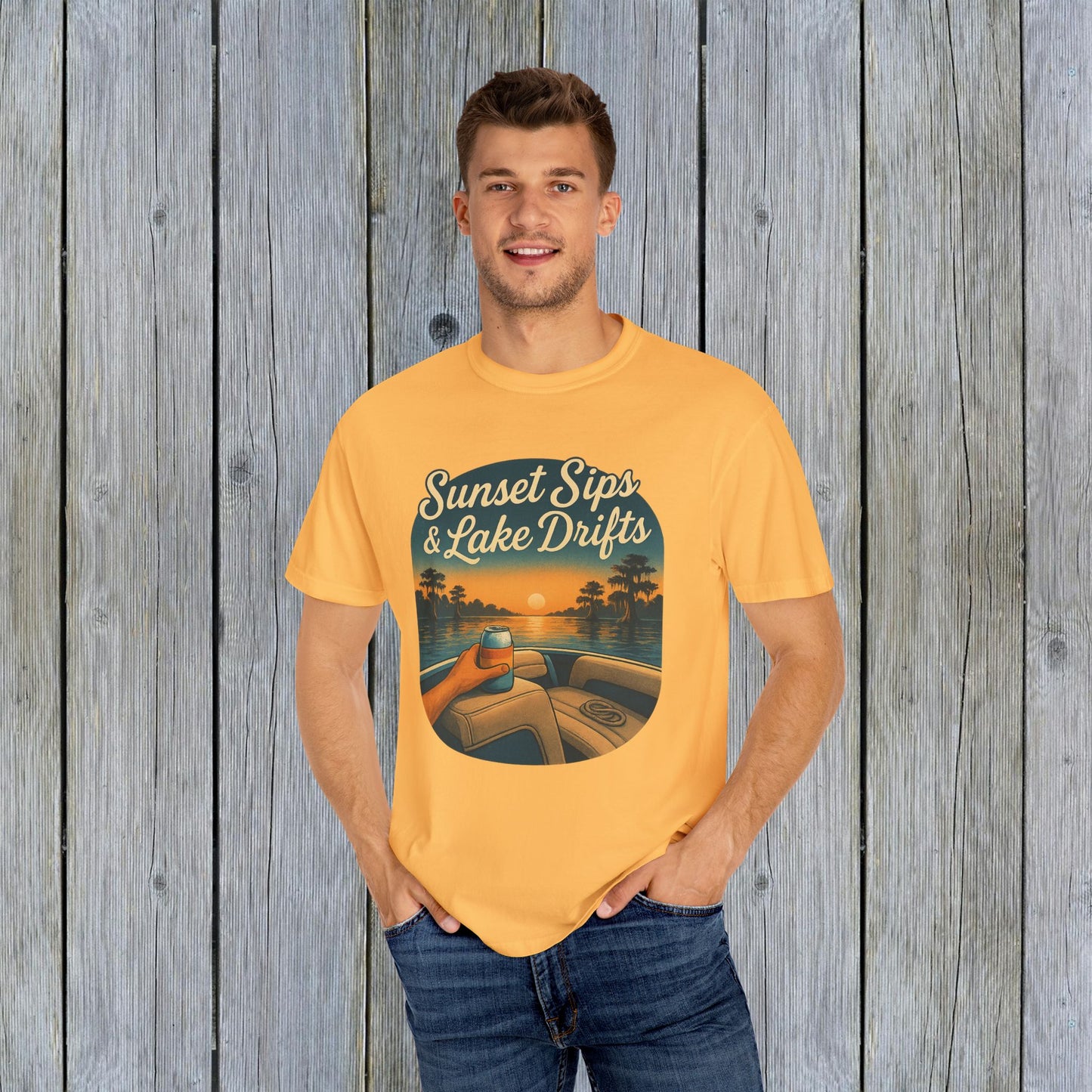 Lake Drifts T-Shirt in vibrant yellow showcasing a man holding a drink against a beautiful sunset lake background, perfect for casual outings.