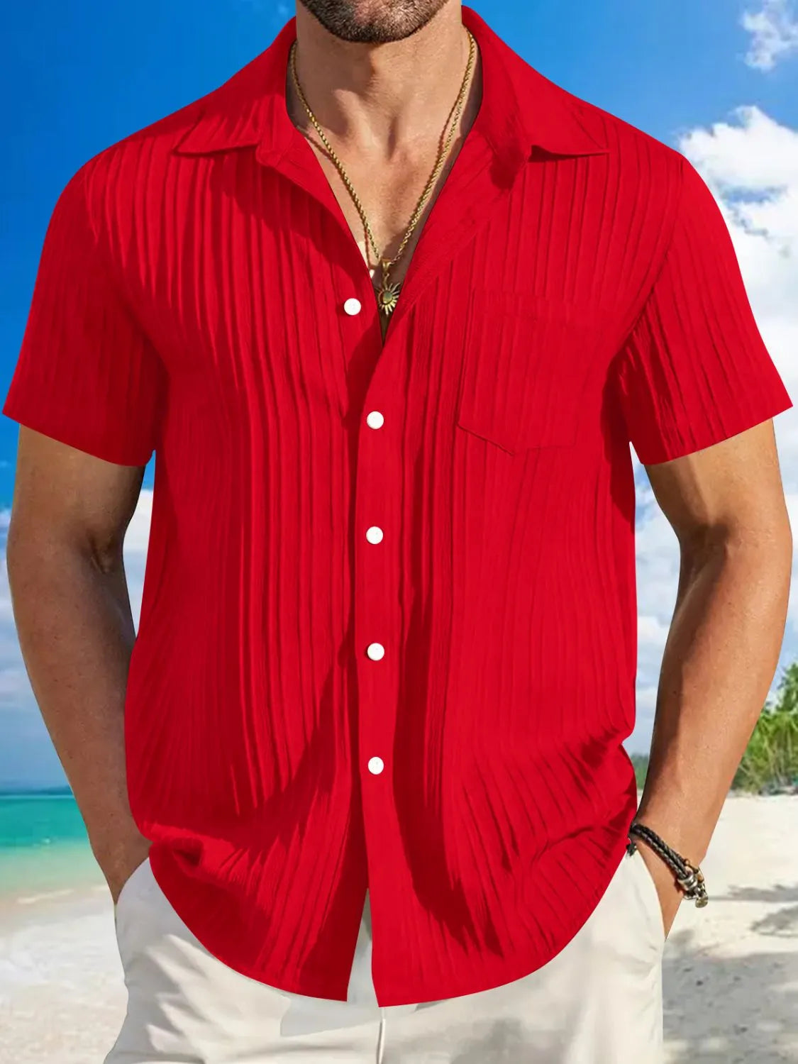 Men's Plus Size Short Sleeve Button-Up Shirt in bold red, designed with a stretchy polyester blend for ultimate comfort during casual outings.