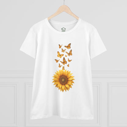 Front view of the Sunflower & Butterflies Cotton Tee for Women, featuring vibrant sunflower and butterfly graphics, perfect for a stylish summer look.
