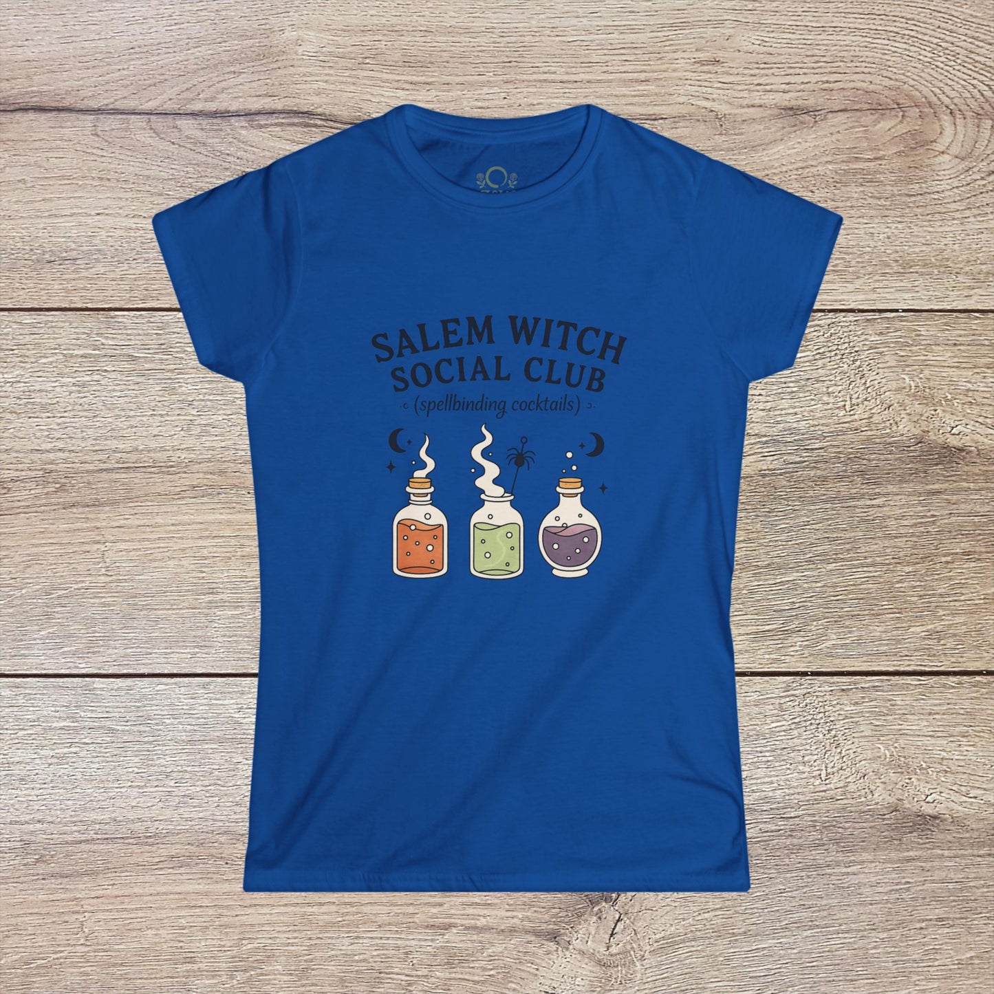 Salem Witch Social Club Graphic Tee in bright blue showcasing colorful potion bottles, crafted from breathable 100% ring-spun cotton for comfort.