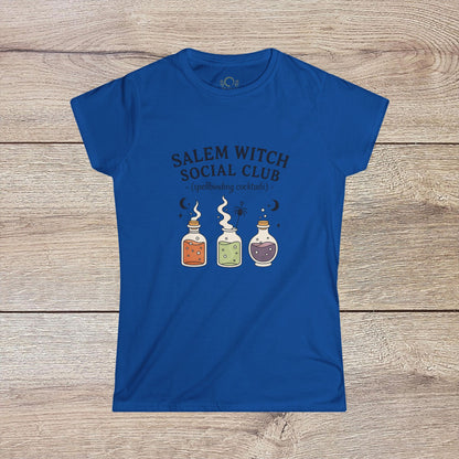 Salem Witch Social Club Graphic Tee in bright blue showcasing colorful potion bottles, crafted from breathable 100% ring-spun cotton for comfort.