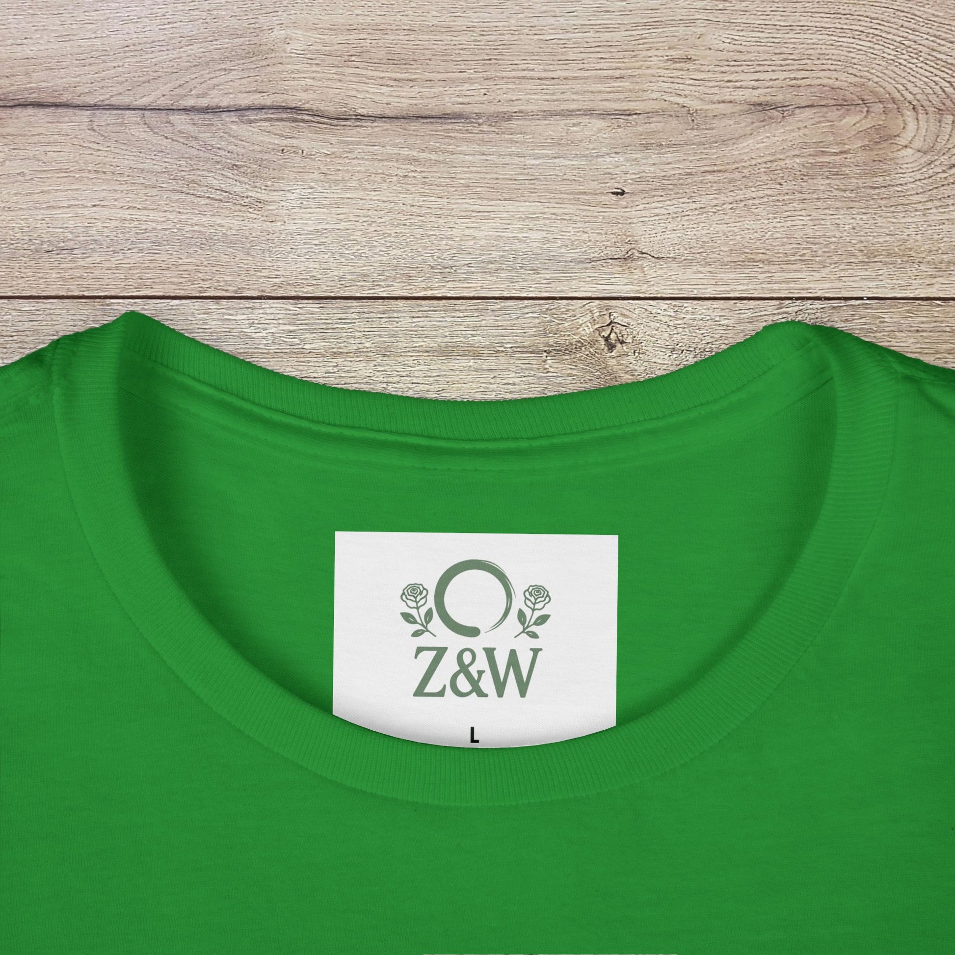Close-up view of the collar area of a green Sippin' Through The Seasons Slim Fit Tee, showcasing the Z&W label and fabric quality.