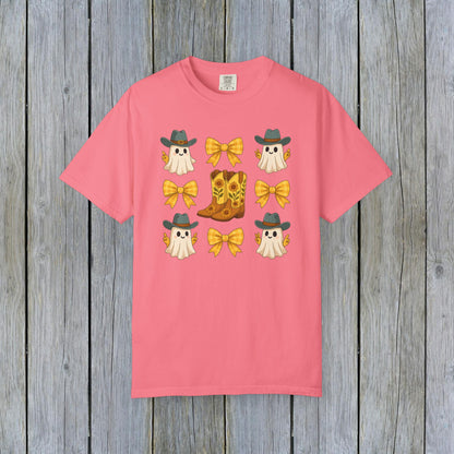Cute Halloween T-Shirt illustrating fun ghosts in cowboy hats alongside cowboy boots and yellow bows, perfect for unisex fall fashion, made with eco-friendly fabric.