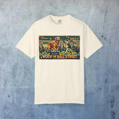 Sleek Woof of Ball Street T-Shirt in cream color featuring playful dog and cat graphics, ideal for pet lovers.