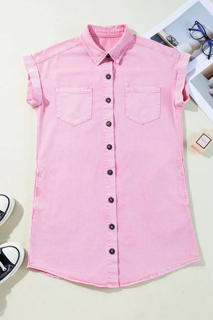 Flat lay of a Button Down Short Sleeve Denim Dress with Pockets in pink, made of 100% cotton, accompanied by stylish accessories.