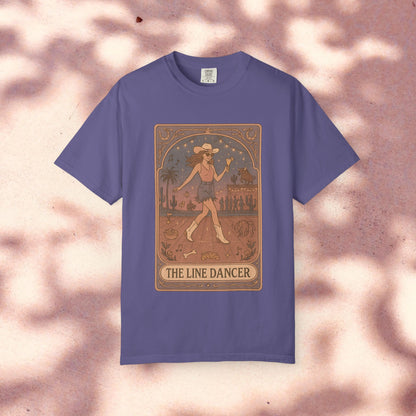 Line Dancer Tarot Tee in deep purple, featuring a unique graphic of a line dancer, designed from comfortable, eco-friendly fabric. Offered in sizes S-4XL.