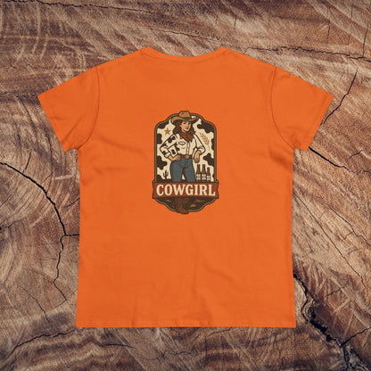 Back view of Country Roots Cowgirl Tee in vibrant orange featuring a playful Cowgirl graphic, perfect for adding flair to any wardrobe.