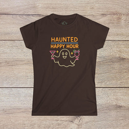 Haunted Happy Hour T-Shirt in brown color, showcasing a fun ghost design with drinks, ideal for Halloween gatherings and unisex casual wear.