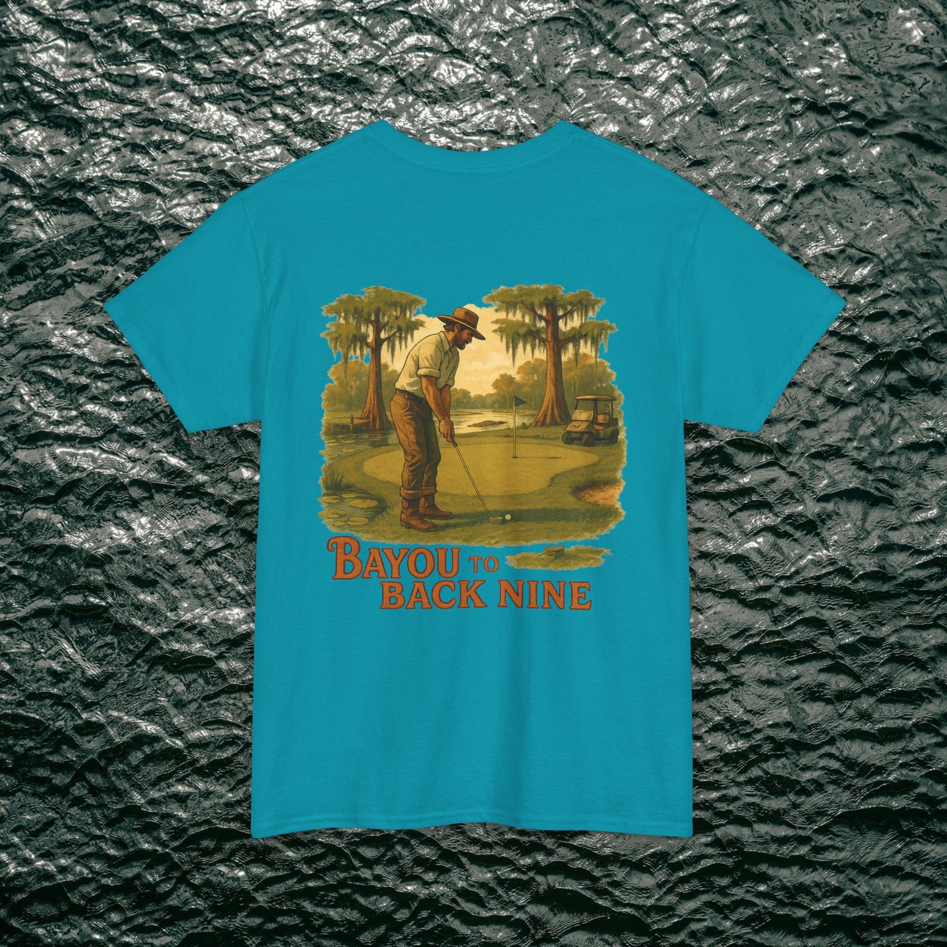 Bayou To Back Nine Softstyle Golf Tee - Turquoise t-shirt with a vintage golfer design on the back, great for casual wear and golf adventures.