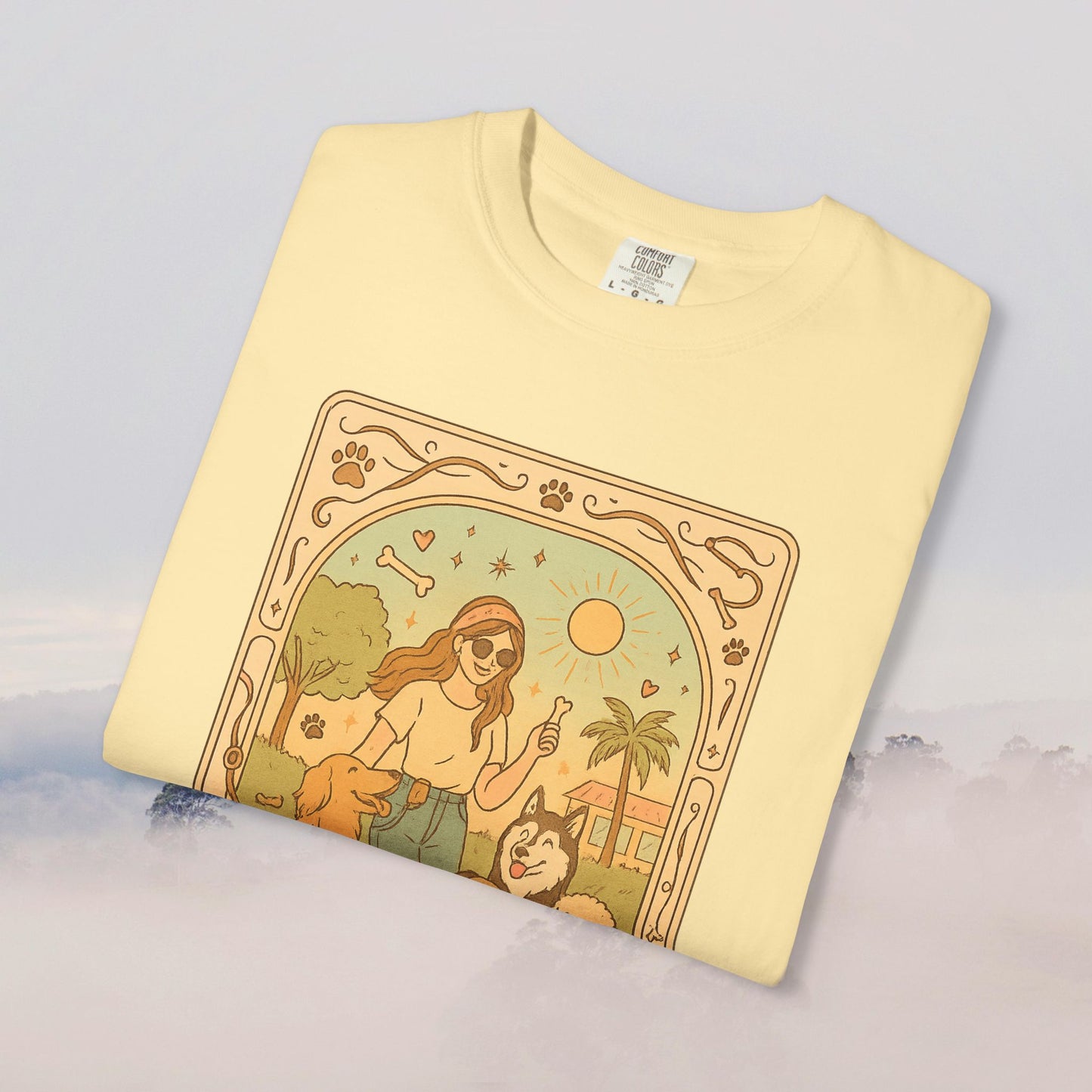 Animal Lover Tarot Tee in sunny yellow showcasing a playful illustration of a woman with dogs and the sun, crafted from eco-friendly 100% cotton, offered in sizes S to 4XL.
