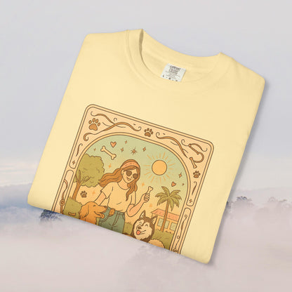 Animal Lover Tarot Tee in sunny yellow showcasing a playful illustration of a woman with dogs and the sun, crafted from eco-friendly 100% cotton, offered in sizes S to 4XL.