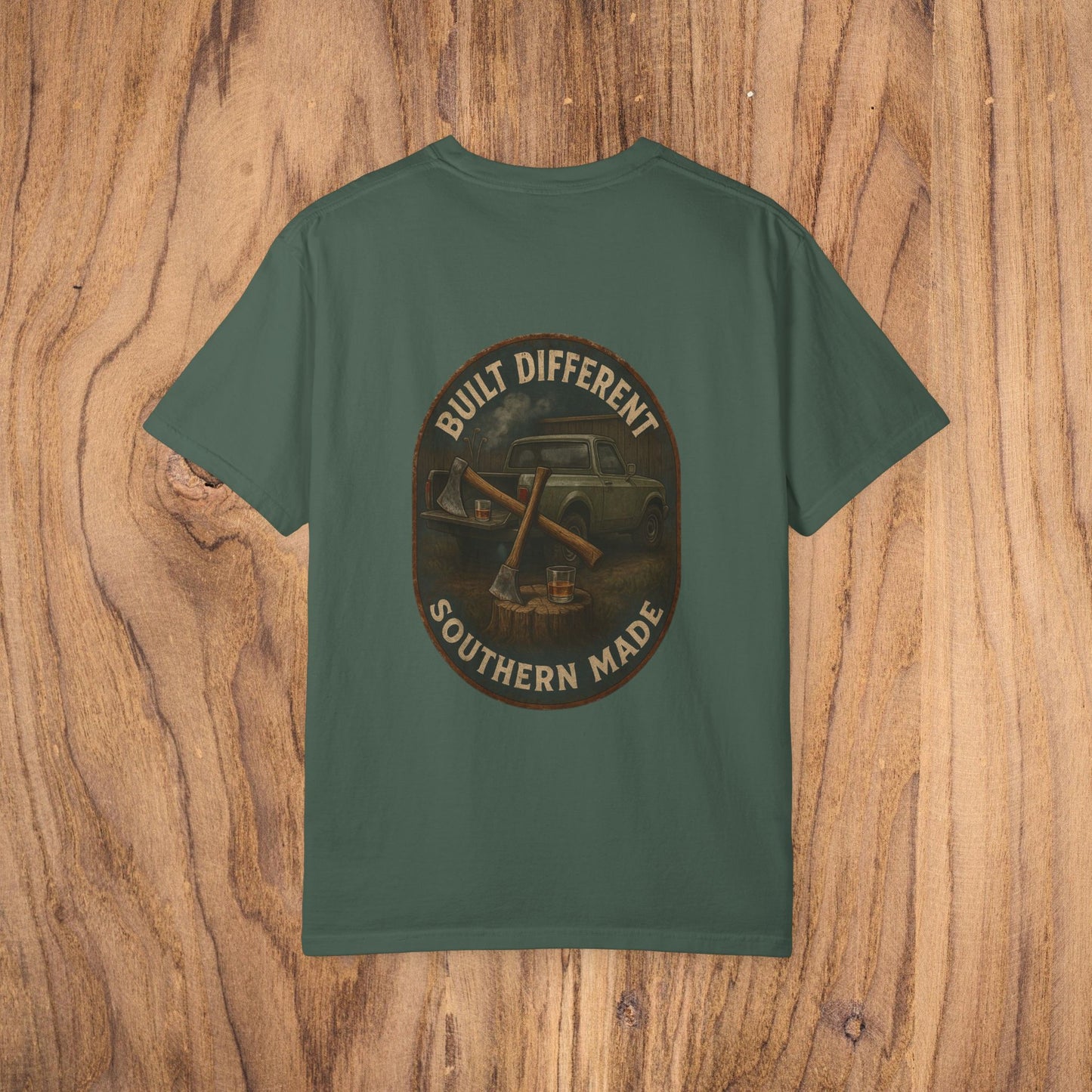 The back of the Premium Southern Made T-Shirt in a darker green shade with 'Built Different Southern Made' graphic, perfect for expressing southern pride in casual fashion.
