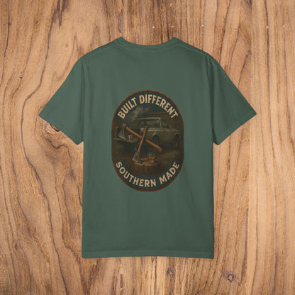 The back of the Premium Southern Made T-Shirt in a darker green shade with 'Built Different Southern Made' graphic, perfect for expressing southern pride in casual fashion.