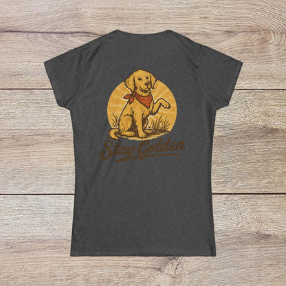 Back view of the Stay Golden Dog Tee featuring a playful dog illustration and 'Stay Golden' text in a vibrant gold color.