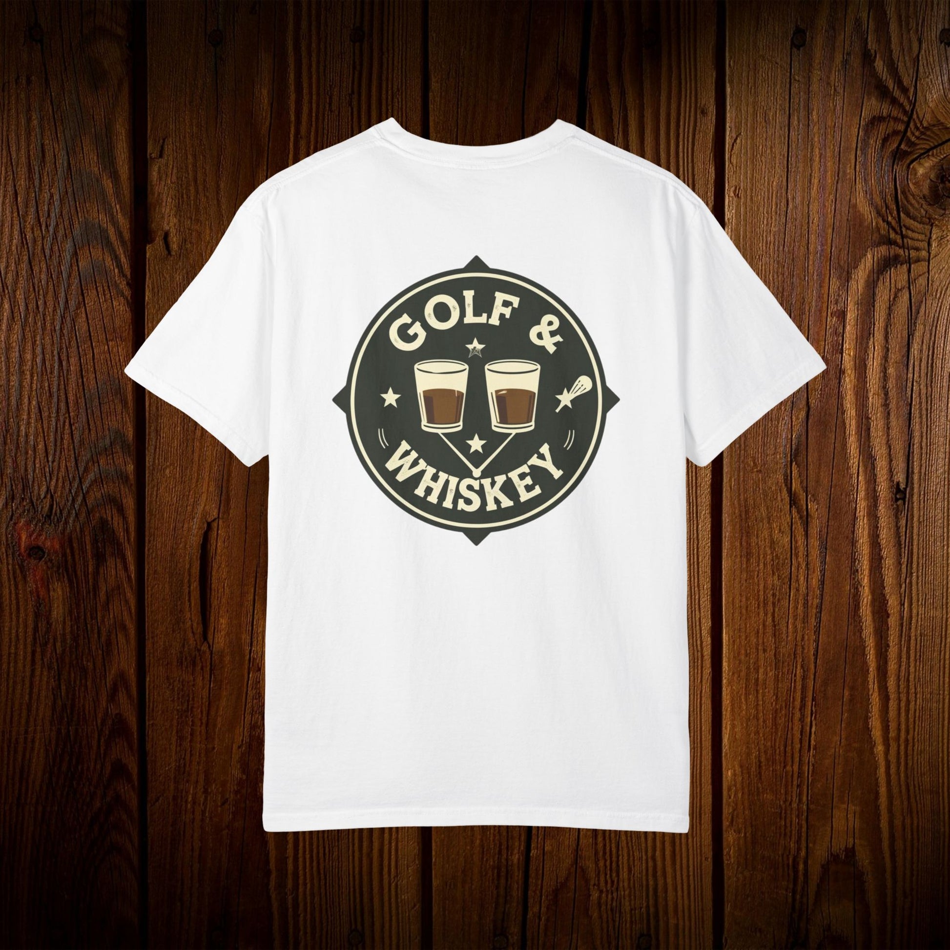 Men's Golf & Whiskey Tee in white color featuring an eye-catching graphic of golf and whiskey on the back. Soft cotton and sustainable design, perfect for relaxed occasions.