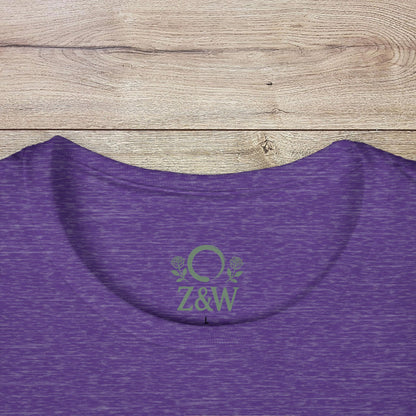 Haunted Happy Hour T-Shirt, Eco-Friendly Cotton, Unisex Ghost Graphic Tee for Halloween Parties - Close-up view of the collar detail on a purple t-shirt featuring subtle branding.