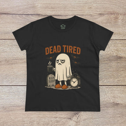 Cute Whimsical Ghost T-Shirt for Halloween with a 'Dead Tired' ghost print on a black shirt, designed from 100% cotton for a comfortable, unisex fit.