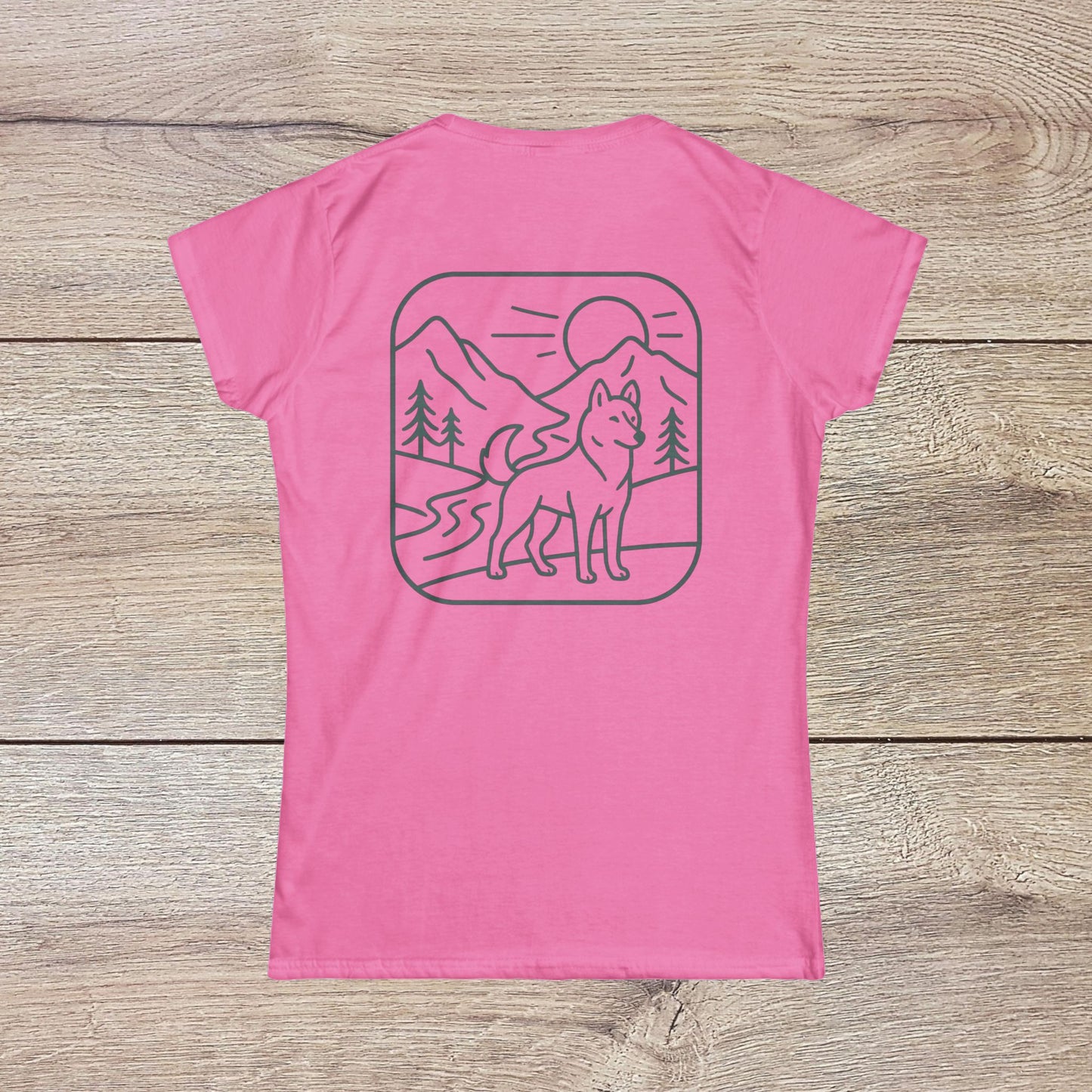 Eco-Friendly Dog T-Shirt - Adventure Spirit, featuring a vibrant pink back graphic of a joyful dog against a scenic mountain sunset.
