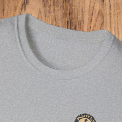 Close-up of the collar of the gray Vintage Southern Gentleman Golf Shirt, featuring a stylish neckline and the Country Club emblem.