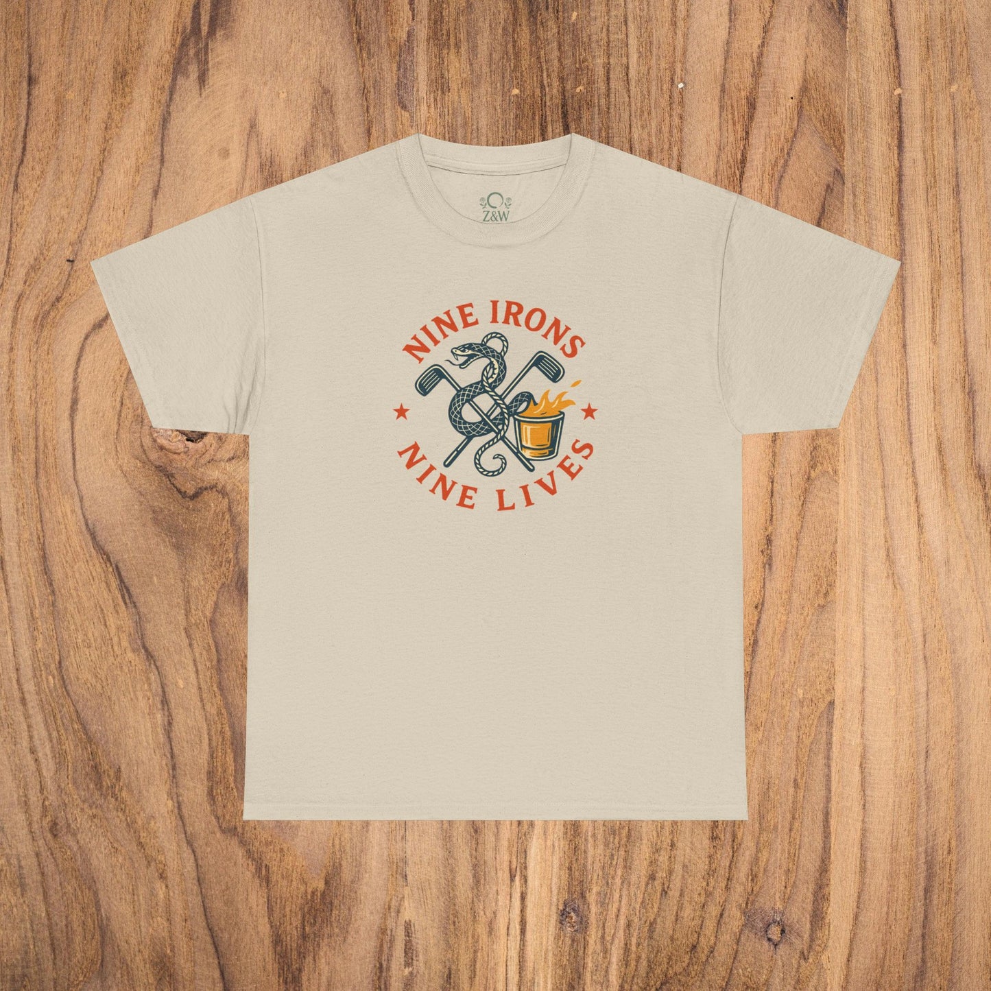 Golf-Themed 100% Cotton T-Shirt in beige color featuring 'Nine Irons Nine Lives' design, perfect casual wear for golf lovers and a great gift for dads.