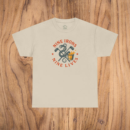 Golf-Themed 100% Cotton T-Shirt in beige color featuring 'Nine Irons Nine Lives' design, perfect casual wear for golf lovers and a great gift for dads.