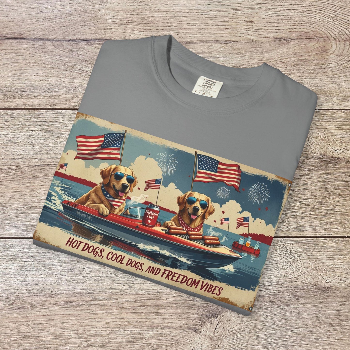 Men's Golden Tee: Comfortable Cotton T-Shirt with Ribbed Collar featuring the same lively dog graphic in light gray, perfect for casual celebrations.