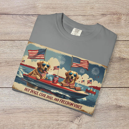Men's Golden Tee: Comfortable Cotton T-Shirt with Ribbed Collar featuring the same lively dog graphic in light gray, perfect for casual celebrations.