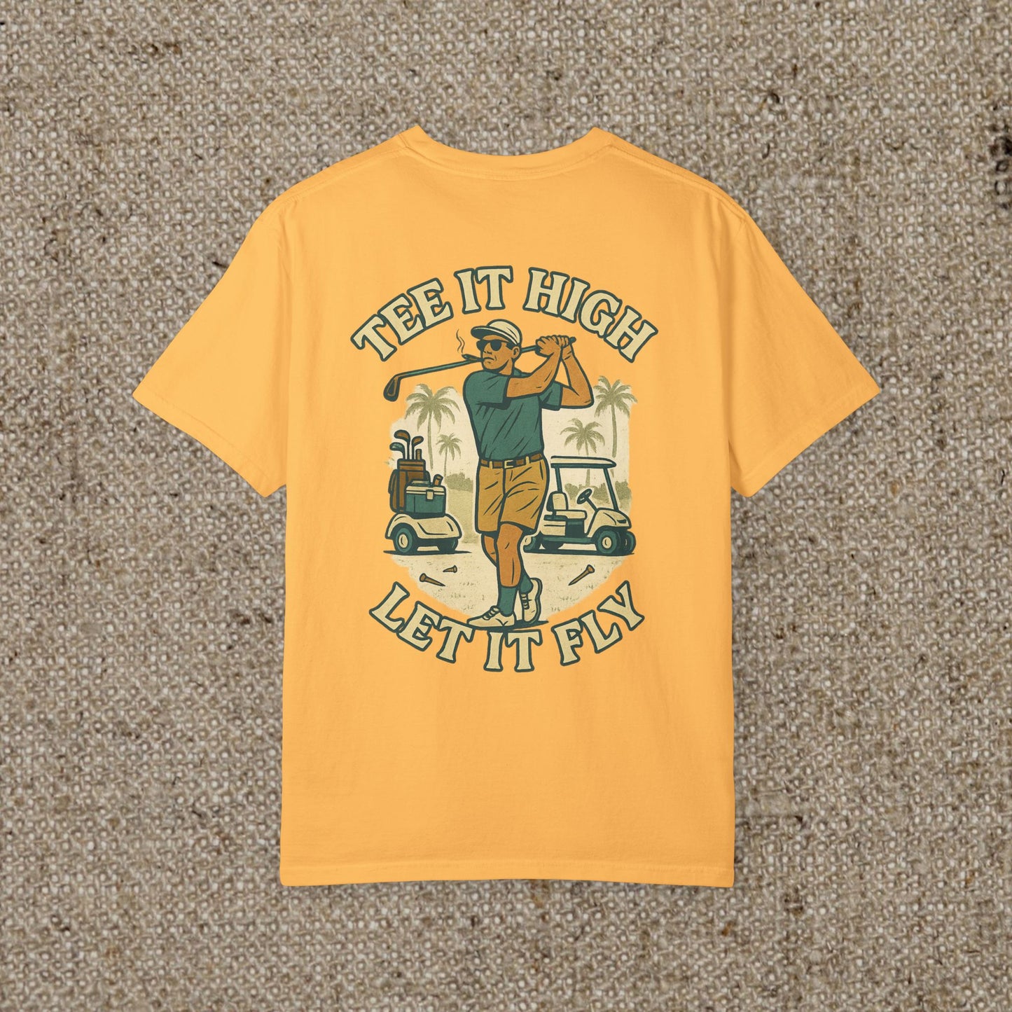 Front view of the 'Tee It High Let It Fly Graphic Tee' in yellow, featuring a stylish golfer design, perfect for casual outings or sporting events.