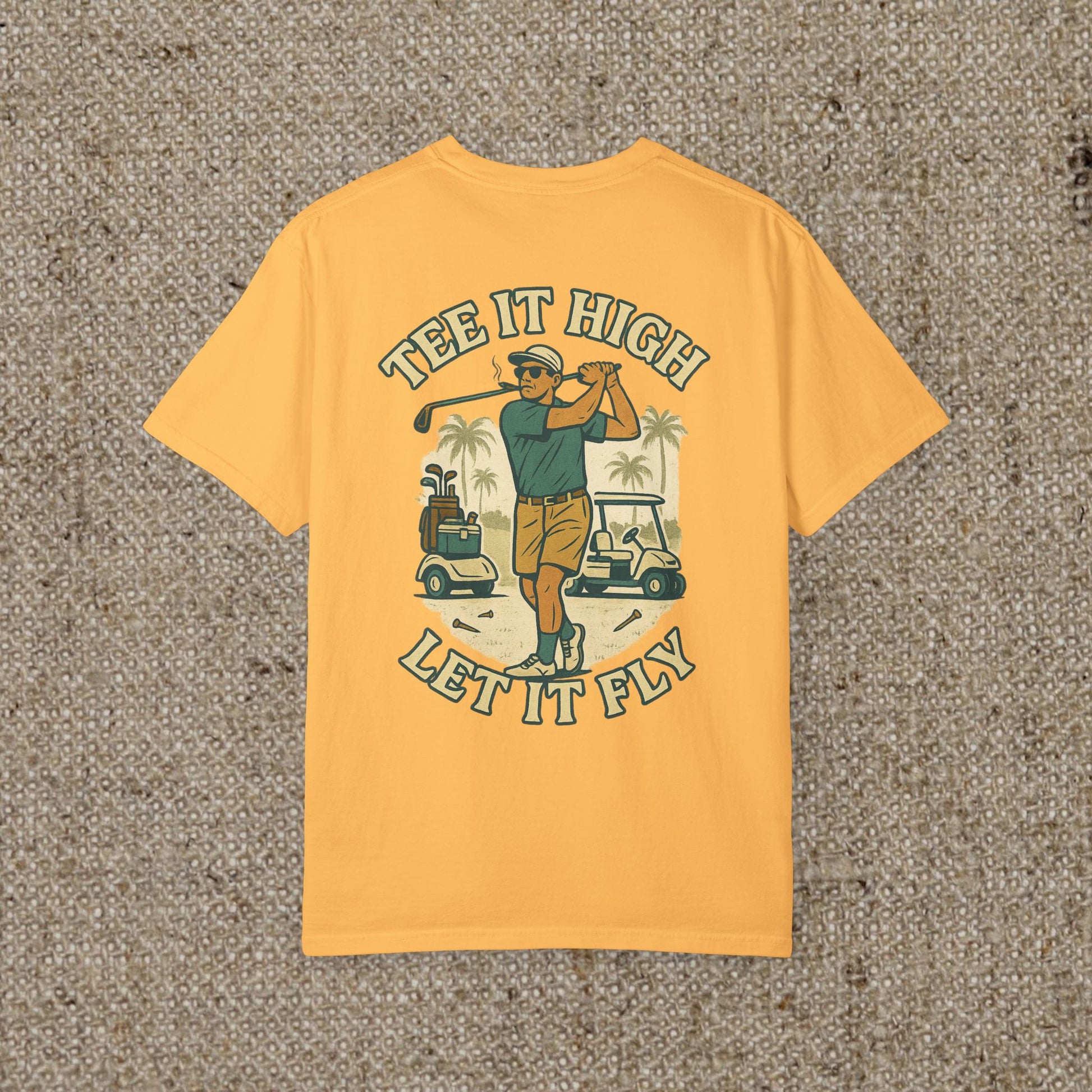 Front view of the 'Tee It High Let It Fly Graphic Tee' in yellow, featuring a stylish golfer design, perfect for casual outings or sporting events.