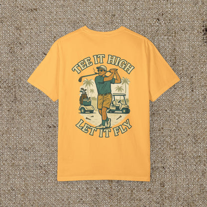 Front view of the 'Tee It High Let It Fly Graphic Tee' in yellow, featuring a stylish golfer design, perfect for casual outings or sporting events.